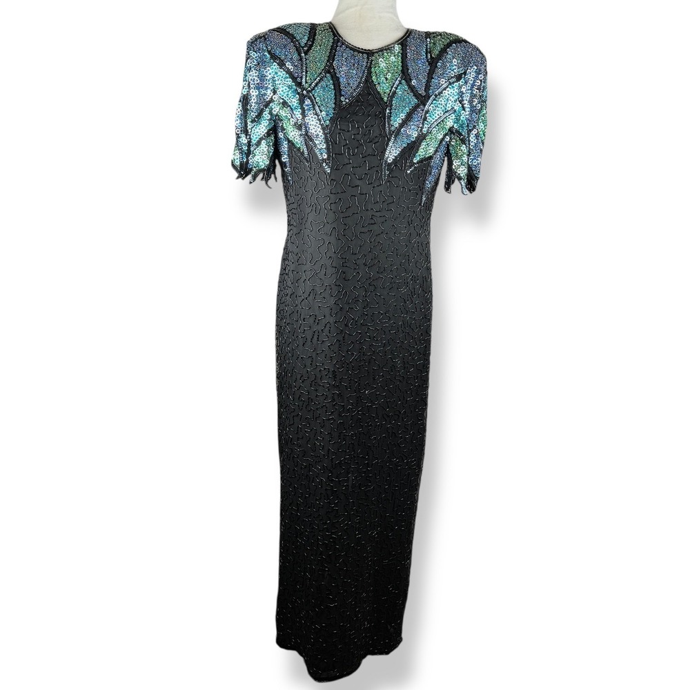 Scala Silk Sequin Evening Gown Womens Size Large Formal Vintage 90s Glam Dress